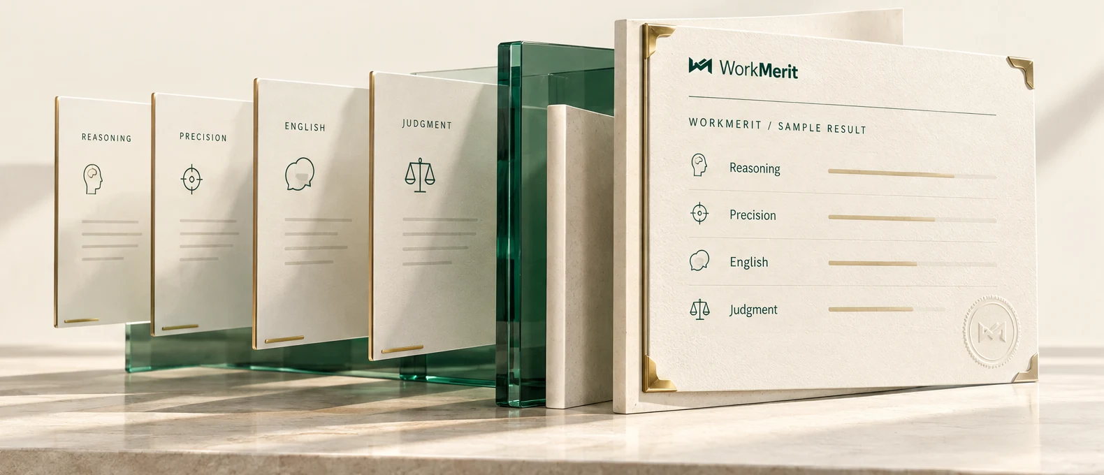 An illustrative WorkMerit results document beside four skill cards in an ivory and emerald setting.