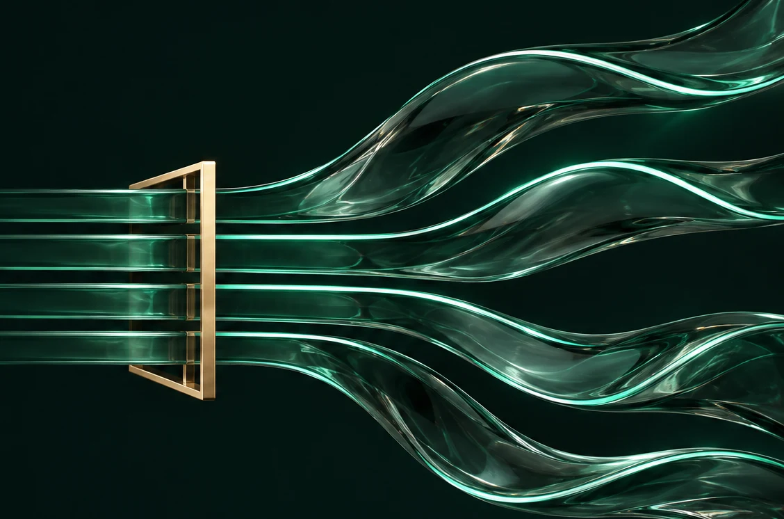 Four emerald glass ribbons align within a gold frame, representing four measured skill dimensions.